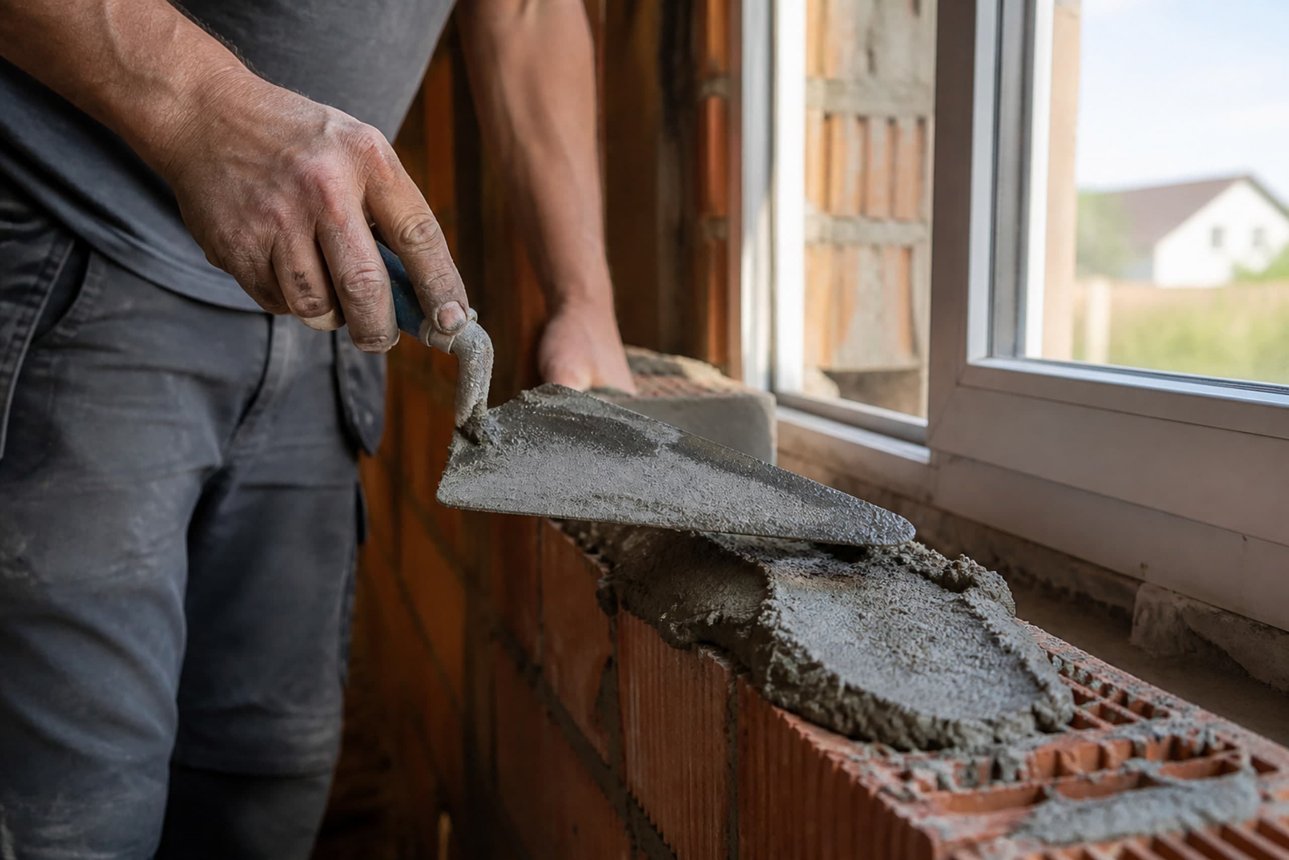 Arbeitshände setzen mit der Maurerkelle Mörtel auf Ziegel